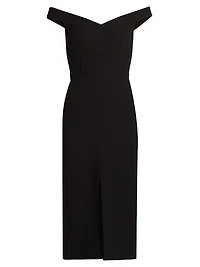 Stretch Bouclé Crepe Off-Shoulder Midi-Dress
