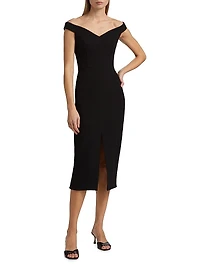 Stretch Bouclé Crepe Off-Shoulder Midi-Dress