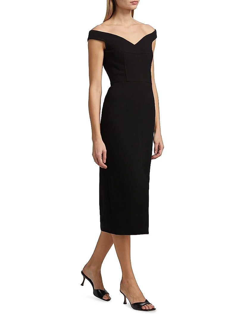 Stretch Bouclé Crepe Off-Shoulder Midi-Dress