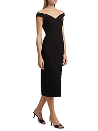 Stretch Bouclé Crepe Off-Shoulder Midi-Dress
