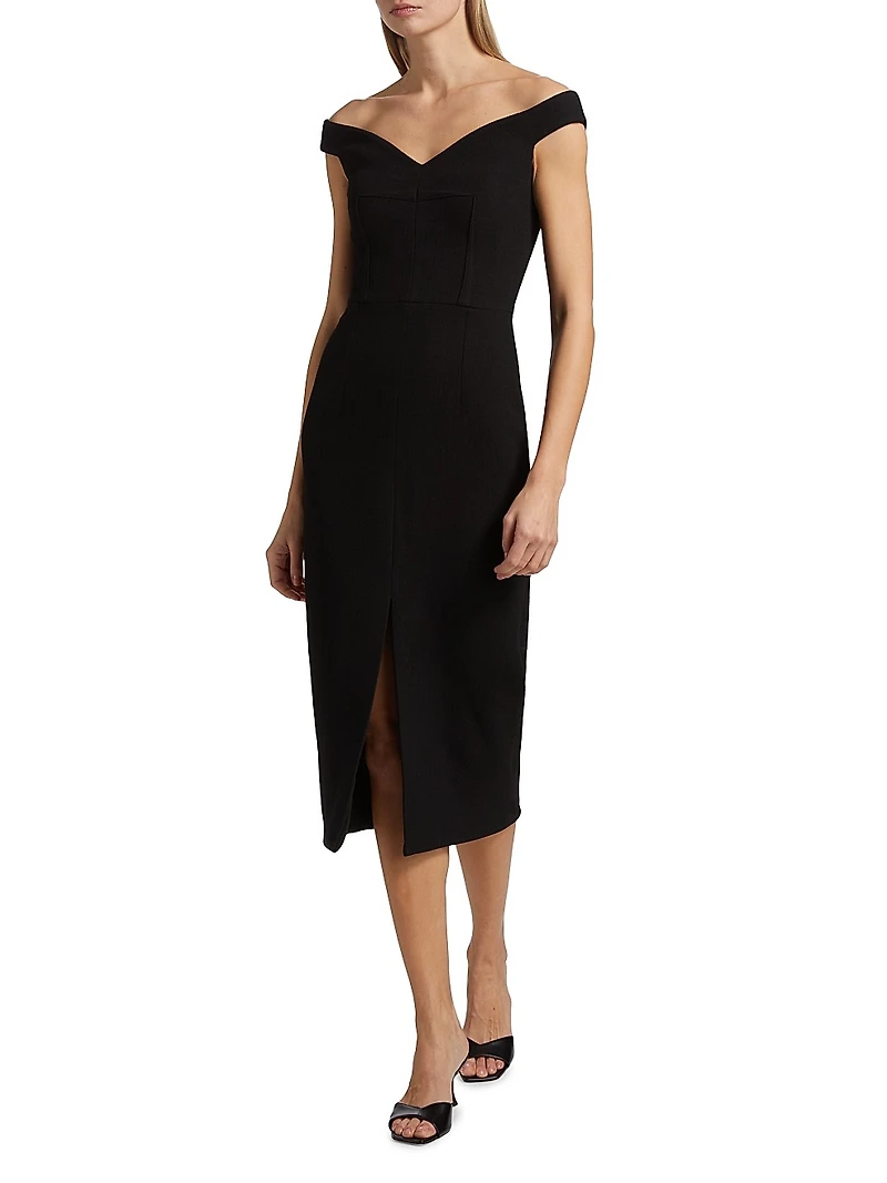 Stretch Bouclé Crepe Off-Shoulder Midi-Dress