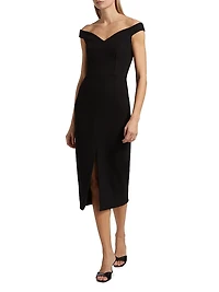 Stretch Bouclé Crepe Off-Shoulder Midi-Dress