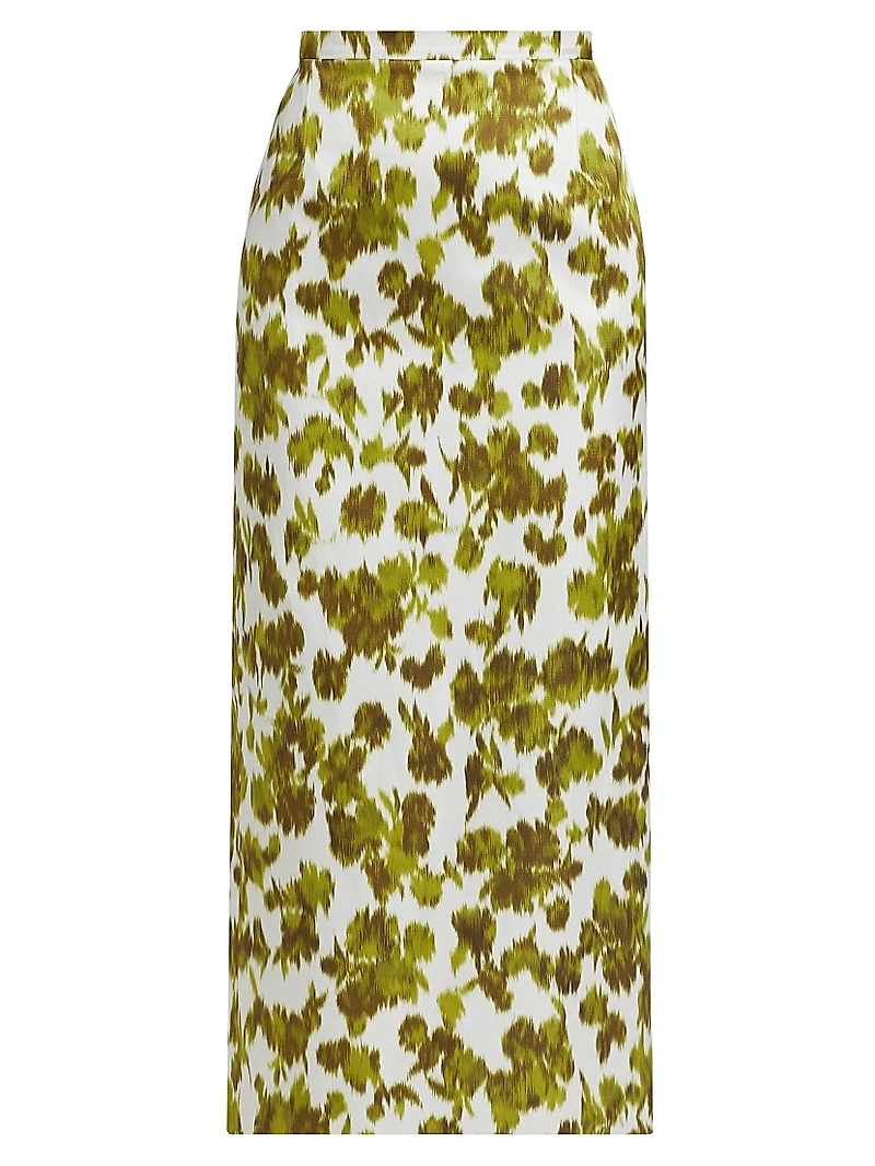 Abstract Floral Satin Pencil Midi-Skirt