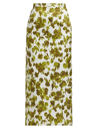 Abstract Floral Satin Pencil Midi-Skirt