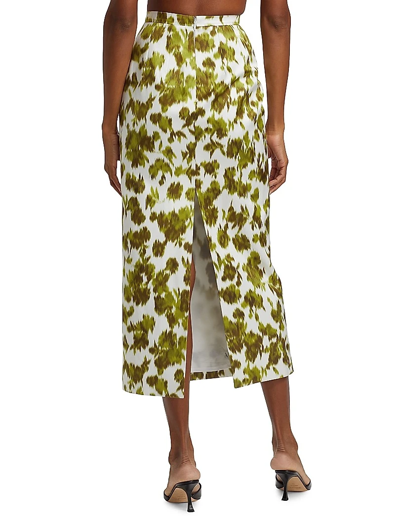 Abstract Floral Satin Pencil Midi-Skirt