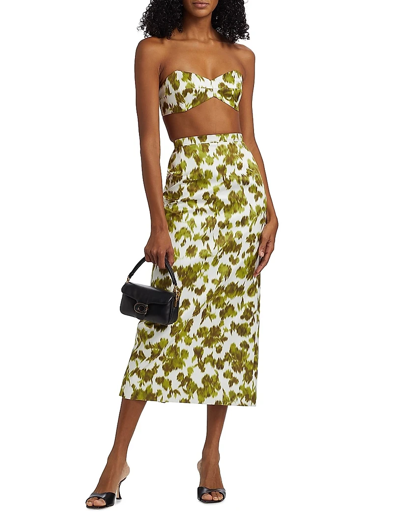 Abstract Floral Satin Pencil Midi-Skirt