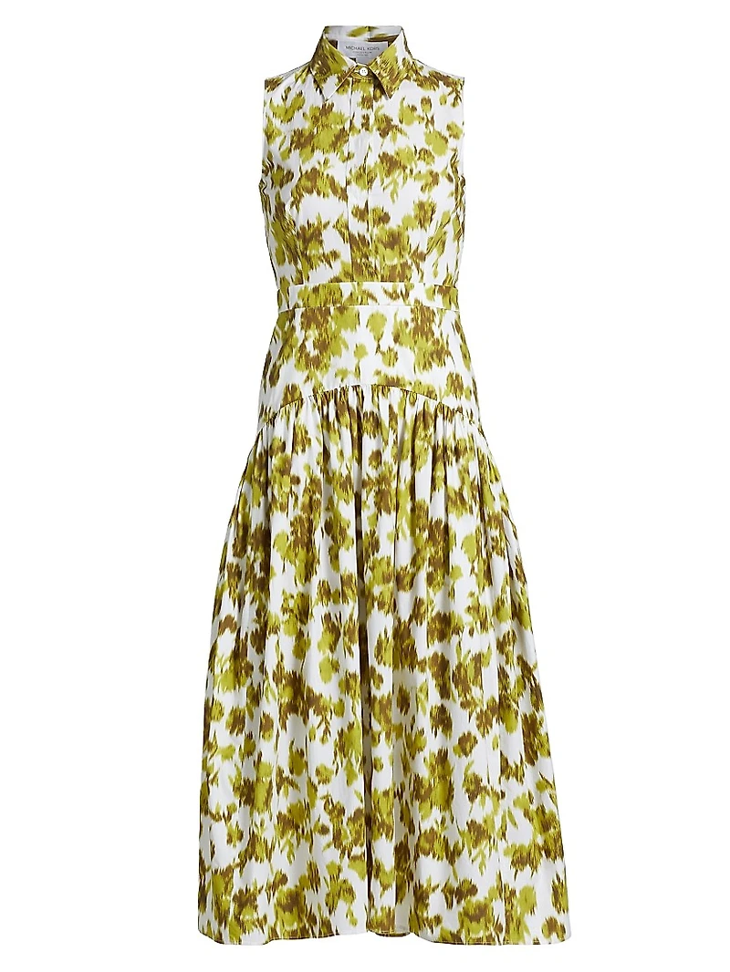 Abstract Floral Cotton Drop-Waist Midi-Shirtdress
