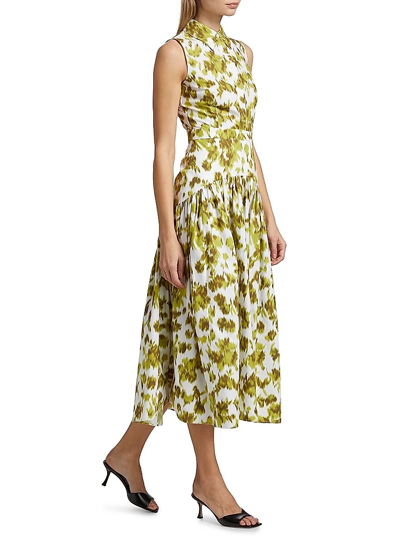 Abstract Floral Cotton Drop-Waist Midi-Shirtdress