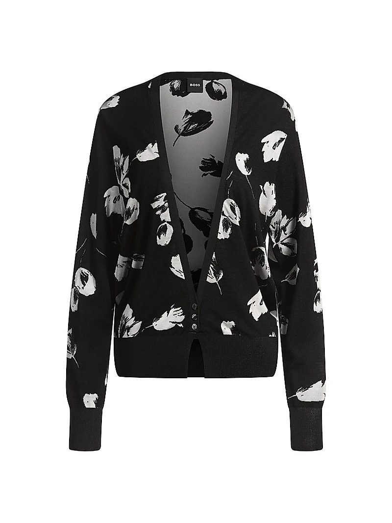 Merino Wool-Blend Cardigan with Tulip Jacquard