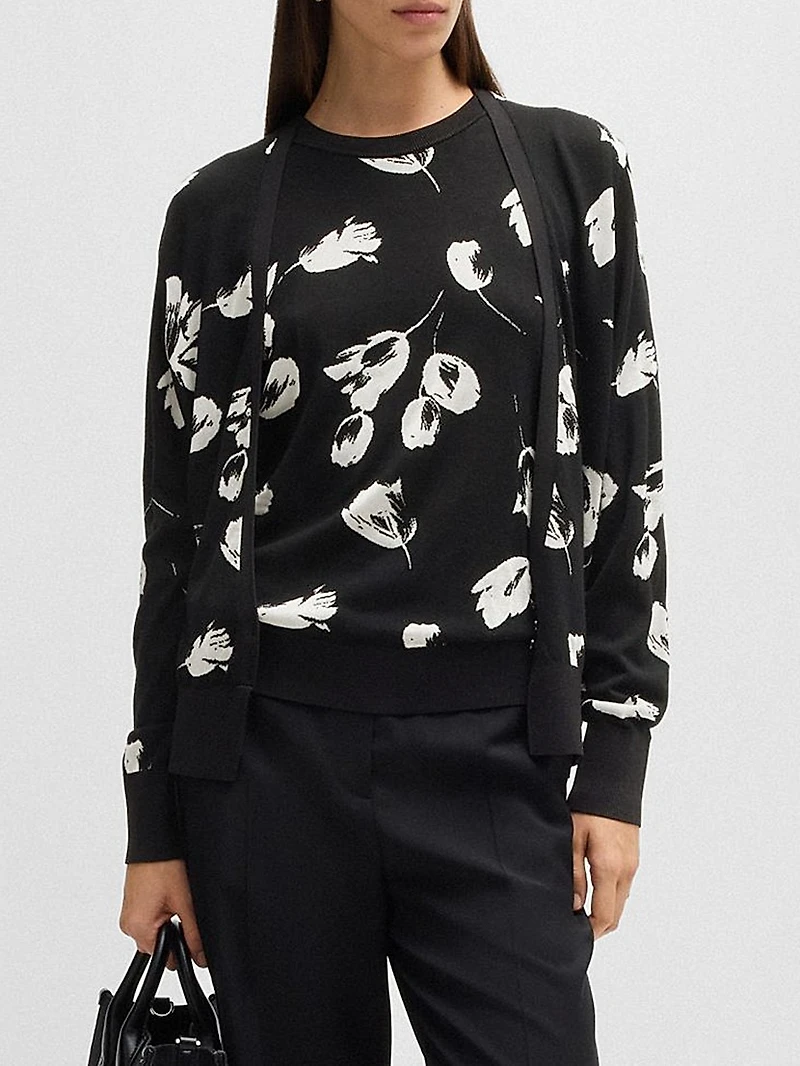 Merino Wool-Blend Cardigan with Tulip Jacquard