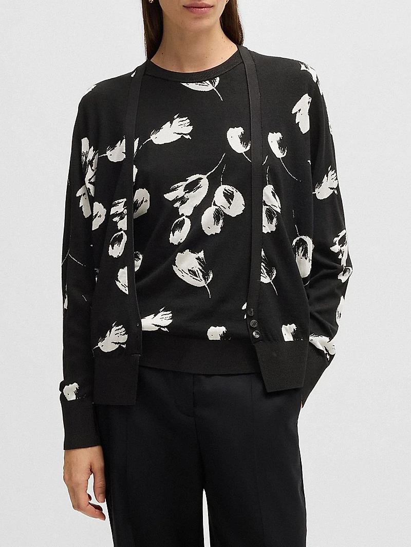 Merino Wool-Blend Cardigan with Tulip Jacquard