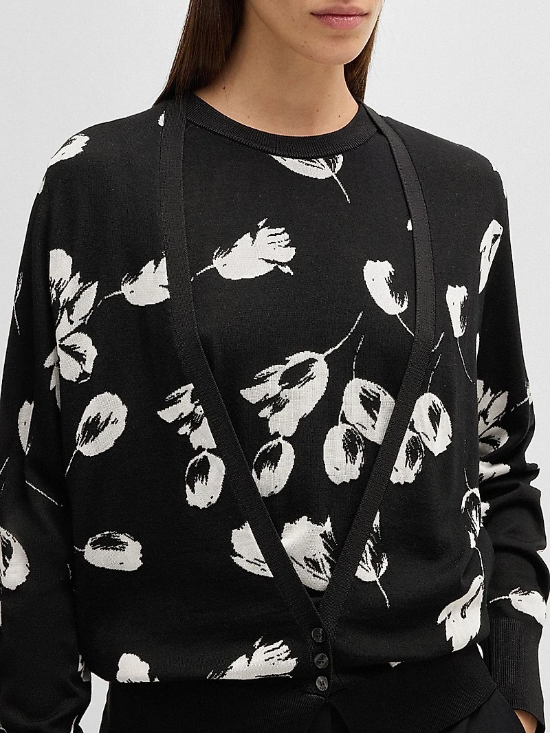 Merino Wool-Blend Cardigan with Tulip Jacquard