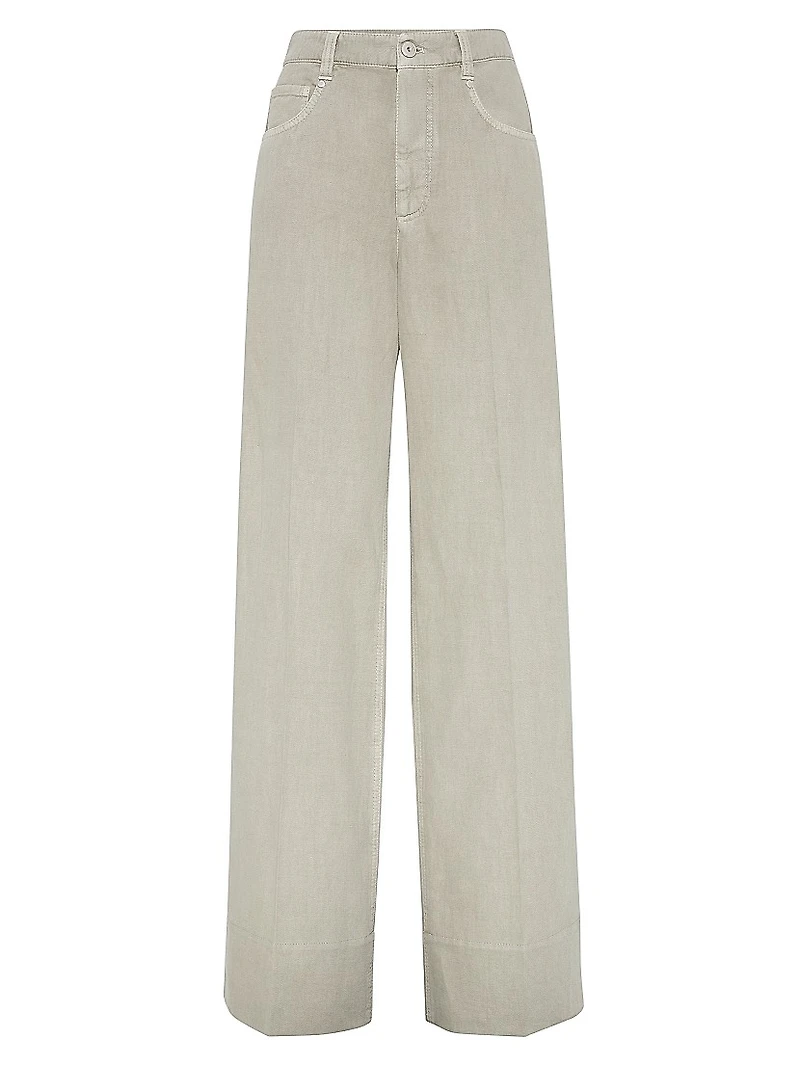 Garment Dyed Cotton and Linen Cover Loose Trousers with Monili