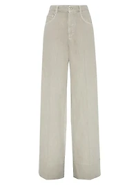 Garment Dyed Cotton and Linen Cover Loose Trousers with Monili