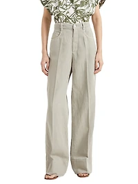 Garment Dyed Cotton and Linen Cover Loose Trousers with Monili