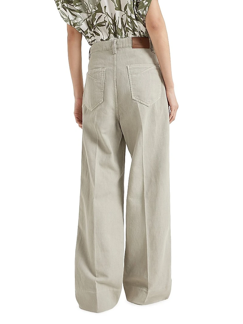Garment Dyed Cotton and Linen Cover Loose Trousers with Monili