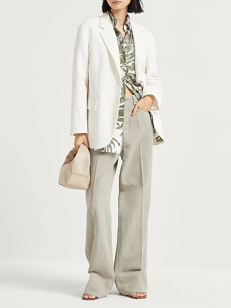 Garment Dyed Cotton and Linen Cover Loose Trousers with Monili