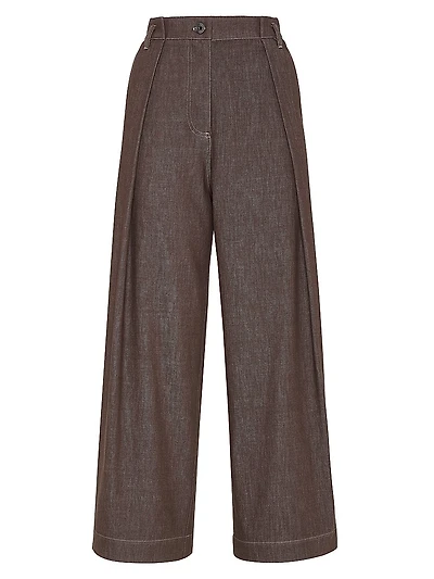 Denim Effect Twill Pleated A Line Trousers with Shiny Loop