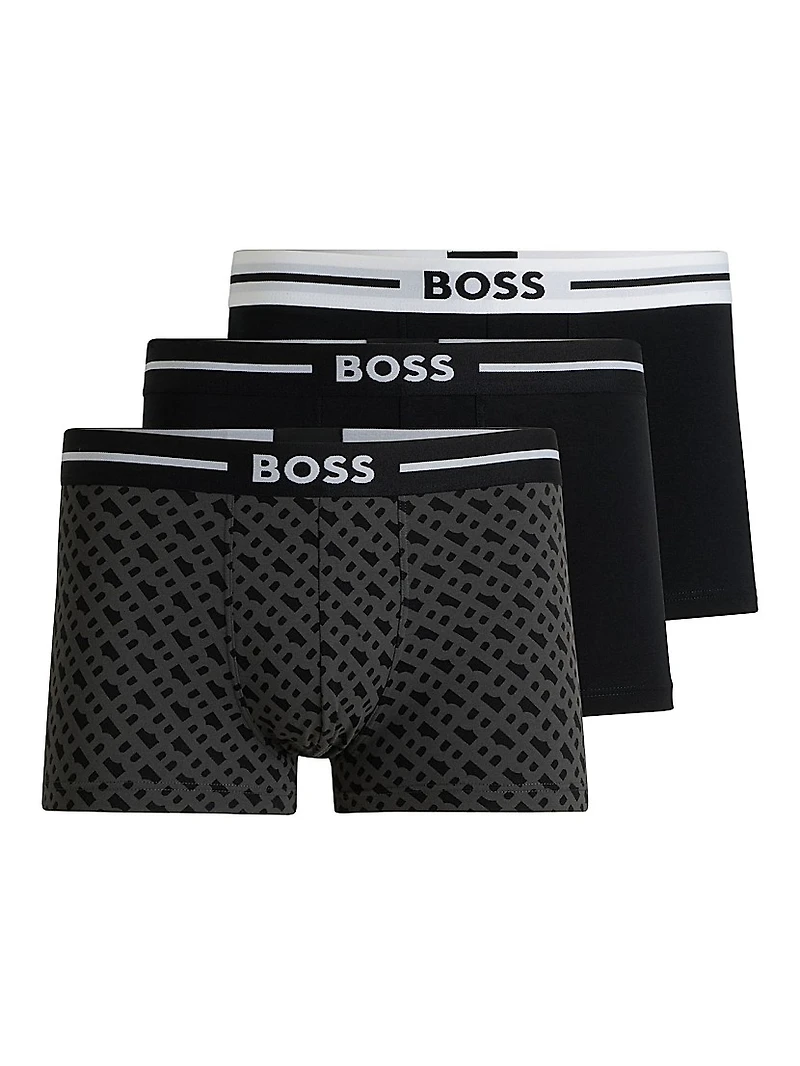 Three-Pack of Stretch-Cotton Plain and Monogrammed Trunks