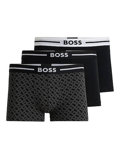 Three-Pack of Stretch-Cotton Plain and Monogrammed Trunks