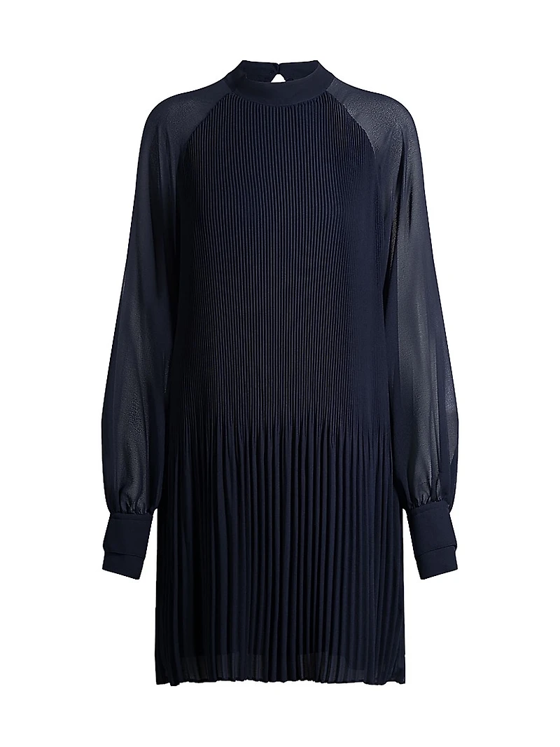 High-Neck Dress with Plissé Pleats and Sheer Sleeves