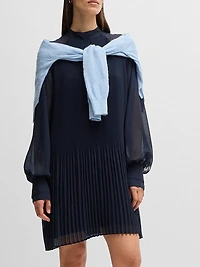 High-Neck Dress with Plissé Pleats and Sheer Sleeves