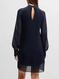 High-Neck Dress with Plissé Pleats and Sheer Sleeves