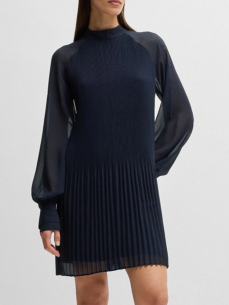 High-Neck Dress with Plissé Pleats and Sheer Sleeves