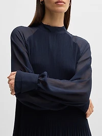 High-Neck Dress with Plissé Pleats and Sheer Sleeves
