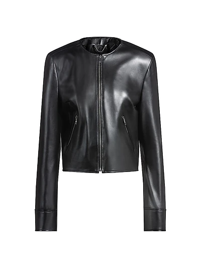 Collarless Leather Jacket with Zip Closure