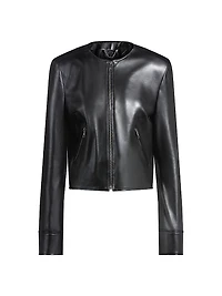 Collarless Leather Jacket with Zip Closure