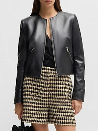 Collarless Leather Jacket with Zip Closure