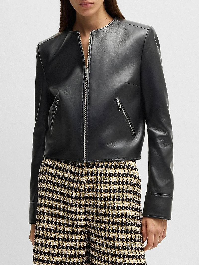 Collarless Leather Jacket with Zip Closure