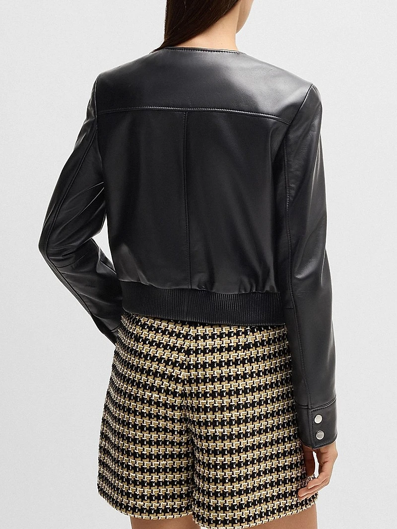 Collarless Leather Jacket with Zip Closure