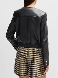 Collarless Leather Jacket with Zip Closure