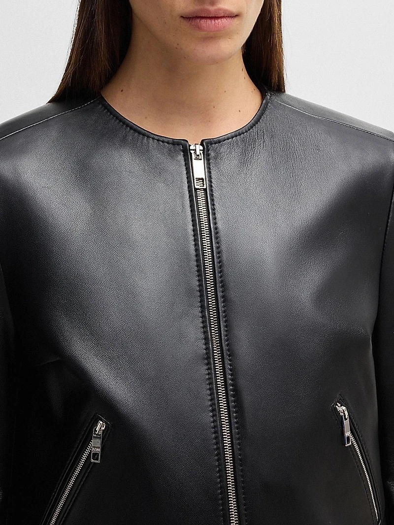 Collarless Leather Jacket with Zip Closure