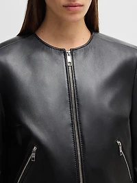 Collarless Leather Jacket with Zip Closure