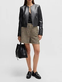 Collarless Leather Jacket with Zip Closure