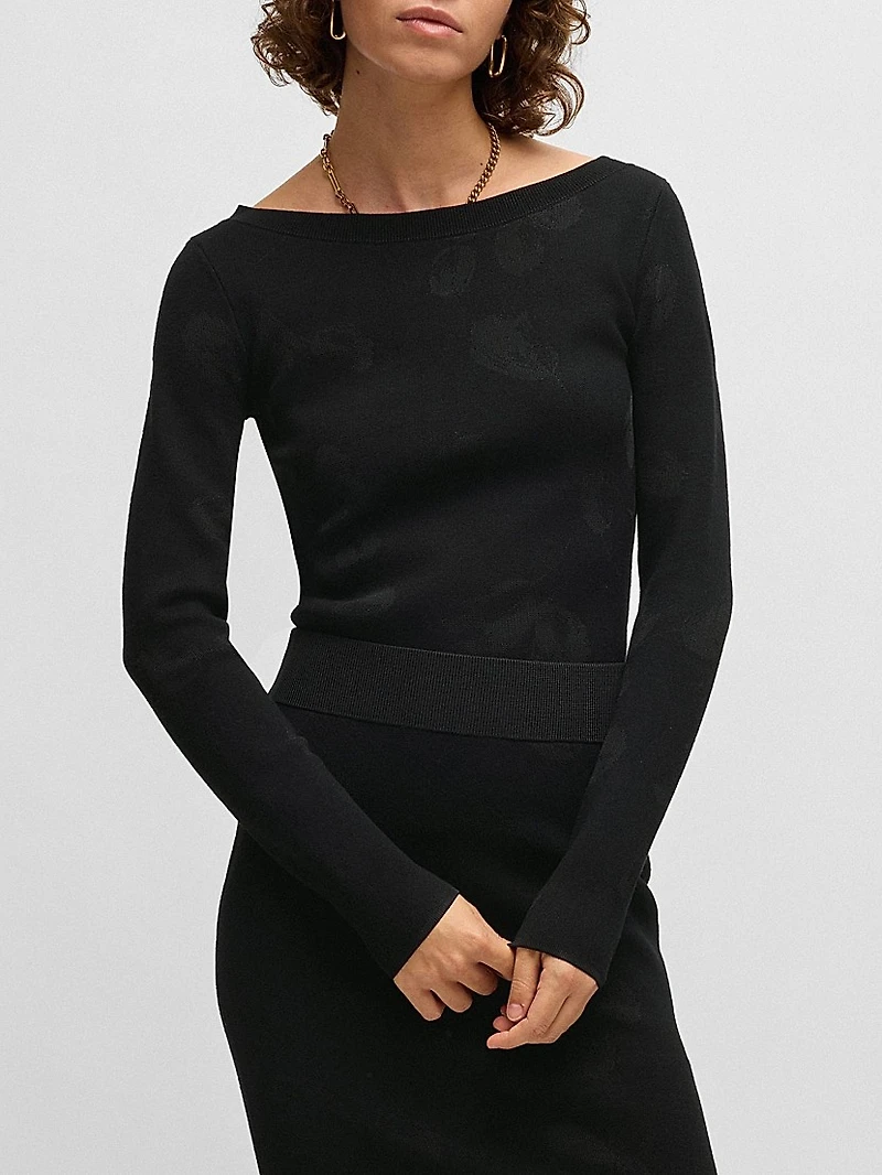 Wide-Neck Sweater Stretch Jacquard