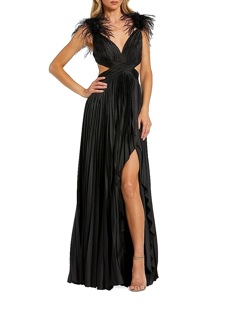 Prom Feather-Trimmed Satin Pleated Gown