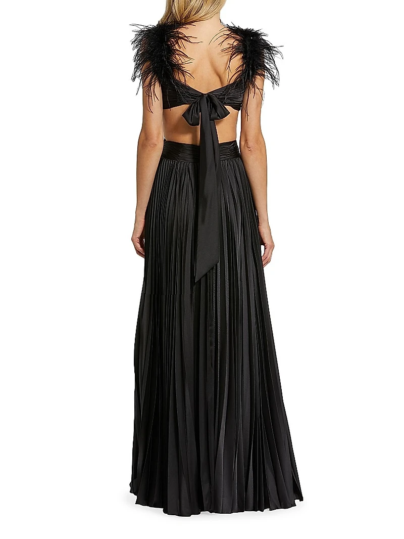 Prom Feather-Trimmed Satin Pleated Gown