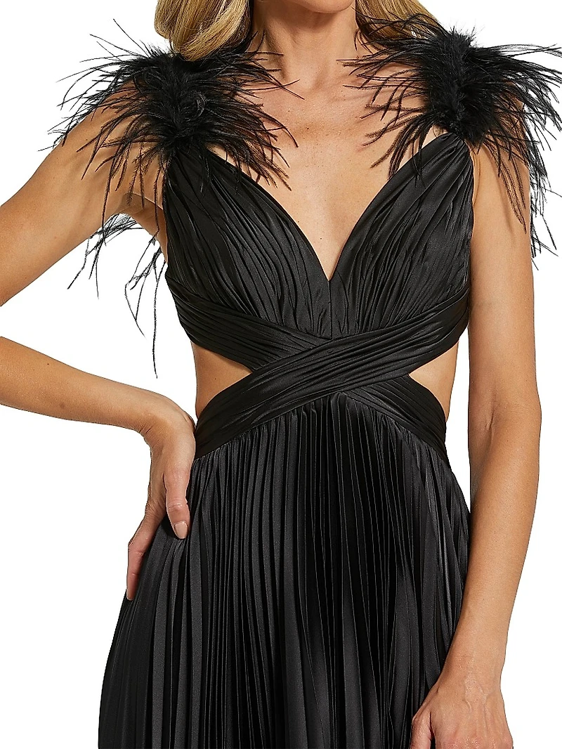 Prom Feather-Trimmed Satin Pleated Gown