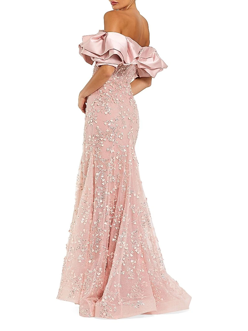 Evening Beaded Appliqué Off-The-Shoulder Mermaid Gown