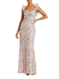 Floral Embroidered Ruffle Bustier Gown