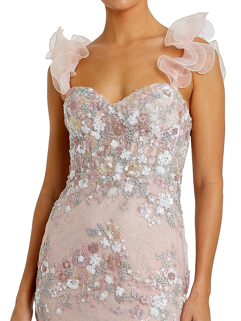 Floral Embroidered Ruffle Bustier Gown