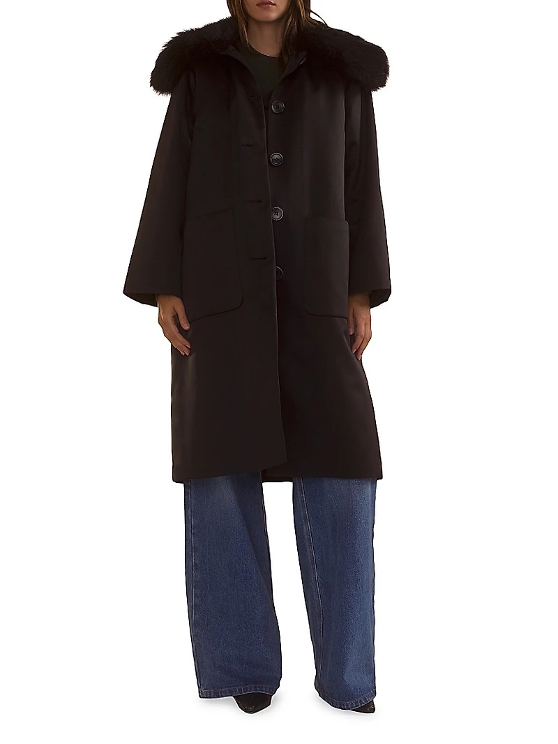 Faux-Fur Collar Satin Coat