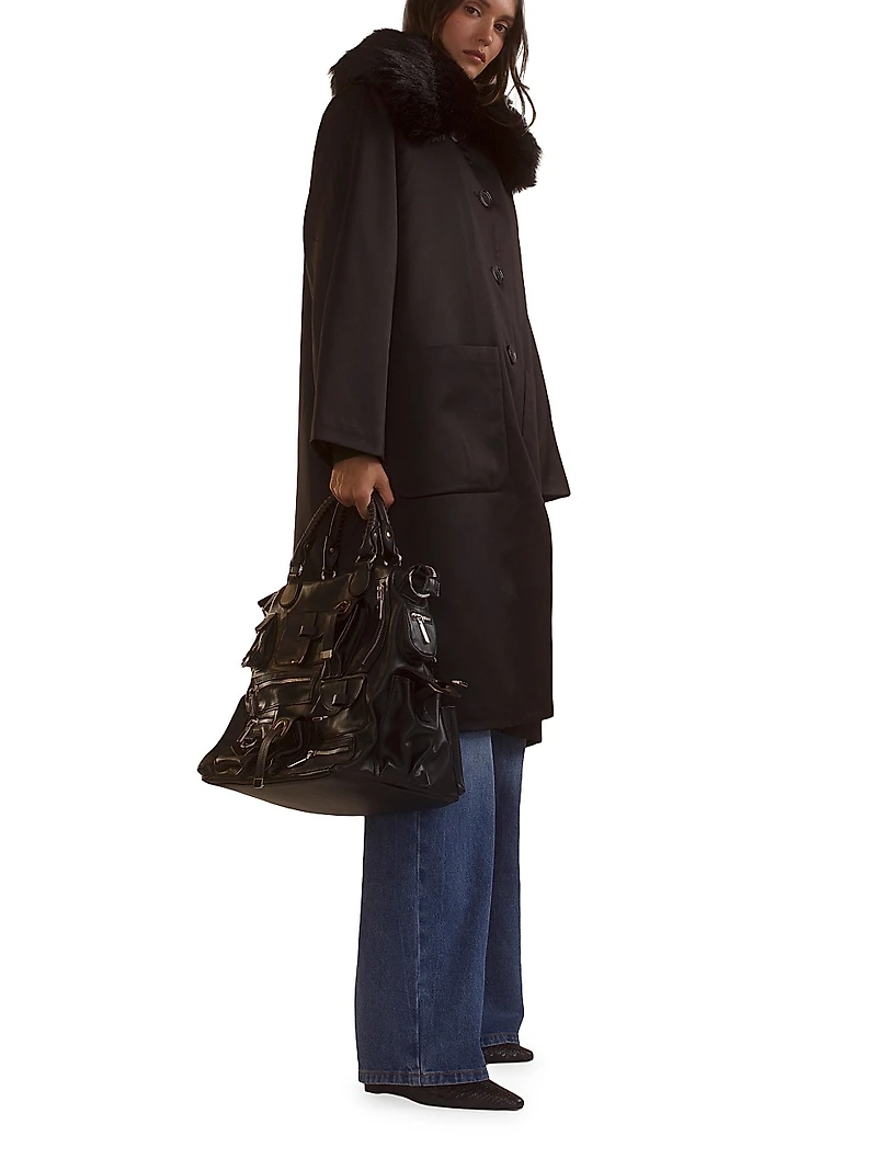 Faux-Fur Collar Satin Coat