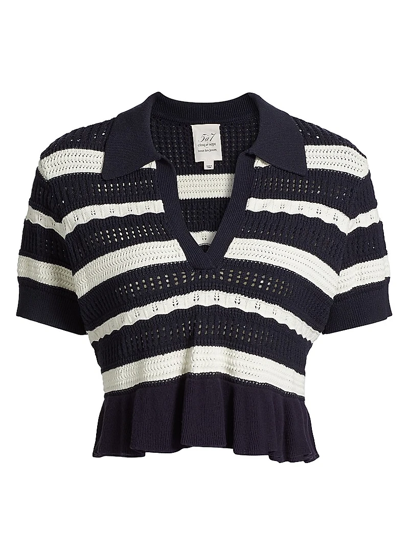 Elvire Striped Knit Short-Sleeve Polo Sweater
