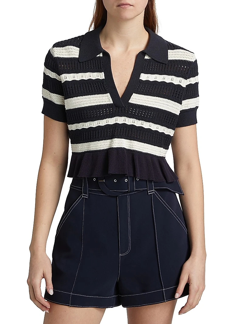 Elvire Striped Knit Short-Sleeve Polo Sweater