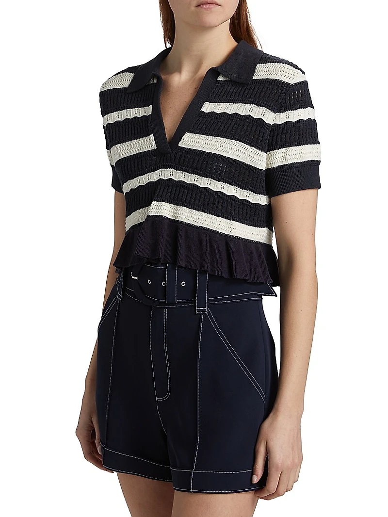 Elvire Striped Knit Short-Sleeve Polo Sweater